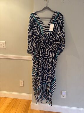 Subtle Luxury Navy and White Printed High-Low Kaftan with Teal Trim One Size